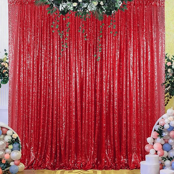 Red Sequin Backdrop Curtain 2FTX8FT 2 Panels Sparkly Backdrop Drapes Polyester Photo for Wedding Christmas Party Decorations