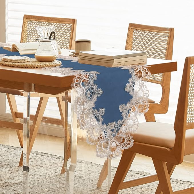 Vintage Lace Dining Table Runner, 120 Inches Floral Coffee Table Runners for Kitchen Home Christmas Party Decorations (16x120 inch, Blue)