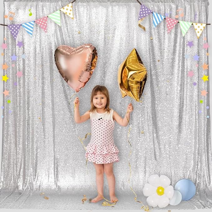 PartyDelight Silver Sequin Backdrop 6Ftx6Ft Photography Curtain Special Events Party