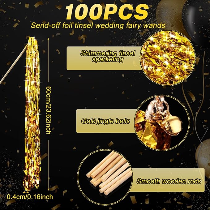 100 Pcs Wedding Fairy Wands with Bells Foil Tinsel Ribbon Stick Wands Tinsel Party Streamers with Bell Glittery Bridal Wedding Send Off Ideas Holiday Celebration (Golden)