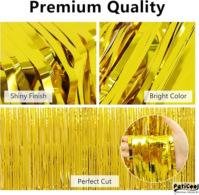 Christmas Decorations Gold Streamers Thicken 4 Pack 3.2 x 8.2 FT - Golden Tinsel Foil Fringe Backdrop Curtains Party Backdrop for Birthday, Prom, Hollywood, Anniversary Party Decorations