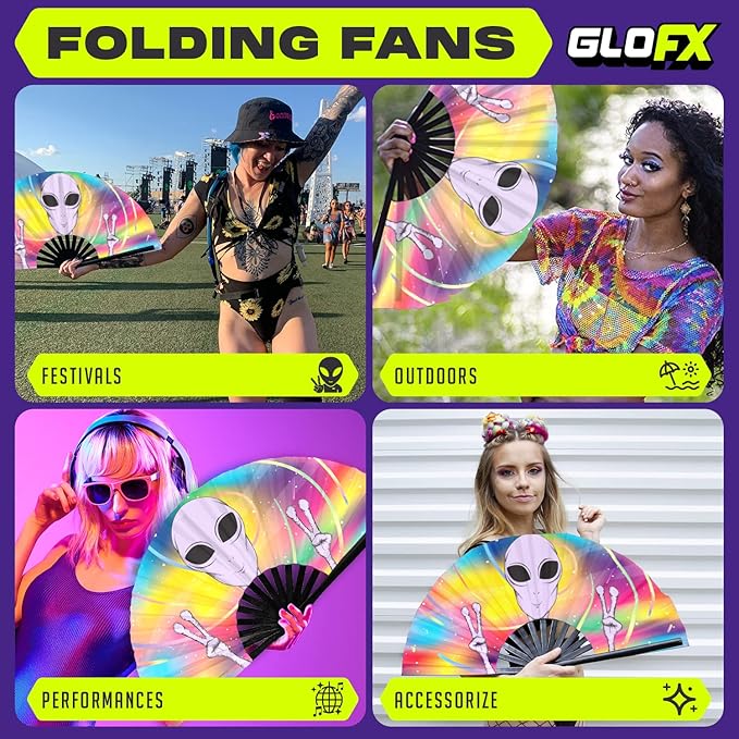 GloFX Rave Fan - Rainbow Alien - Large Folding Fan - Festival Gear for Music Festival Outfits, Rave Enthusiasts, and Cosmic Vibes