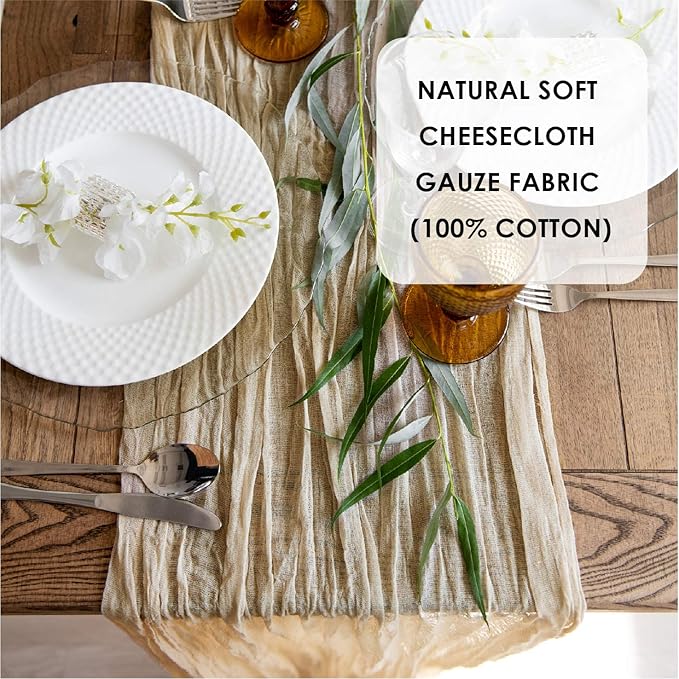 Gauze Table Runner Bulk Cheesecloth Table Runner Set of 2 Pieces 141 inches Long Each for Bohemian Wedding Wedding Decorations, Beige Cheese Cloth Gauze Fabric