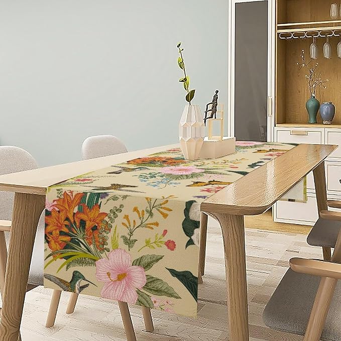 Brown Bird Floral Table Runner Spring Flower Kitchen Table Decoration Suitable for Family Dinner Decoration 13x90 Inch