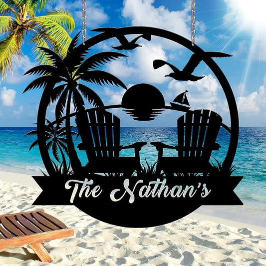 Personalized Beach Decor for Home, Custom Metal Sign Outdoor Nautical Decor, Palm Trees Coastal Wall Art, Family Last Name Sign, Christmas Housewarming Wedding Gifts