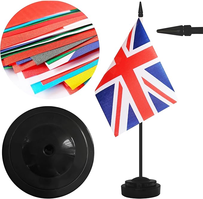 12 Pack UK Desk Flags, Britain Desktop Flag, Small Miniature Office Flags with 12" Black Pole and Black Base, Offices, Classroom, Home, Festival Decoration (UK)