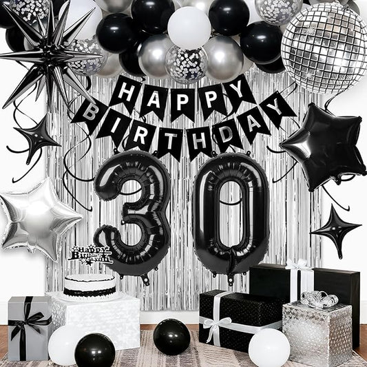 30th Birthday Decorations for Men Women, Black Silver Happy Birthday Party Decorations， 30 Year Old Party Supplies with Number 30 Balloons, Banner, Fringe Curtains Kit