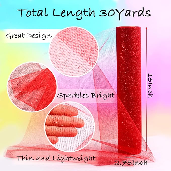 Sparkling Tulle Rolls, 15” by 30 Yards (90FT) Glitter Tulle Spool Ribbon Fabric for Wedding Birthday Bridal Shower Tutu Skirt Party Gift Wrapping (Red)