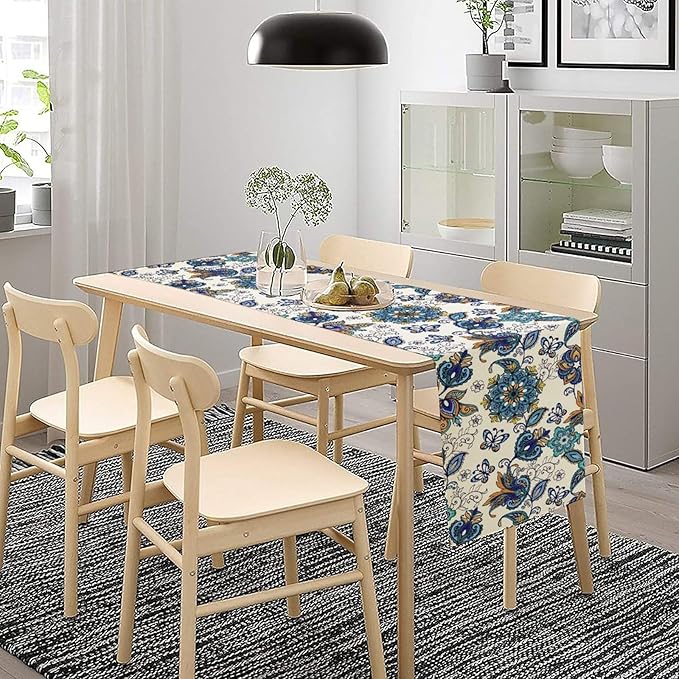 Oriental Paisley Table Runner, Luxury Vintage Blue Teal Floral Butterflies Print Table Runner for Home Dining Kitchen Coffee Table Party Decor, 13x120inch
