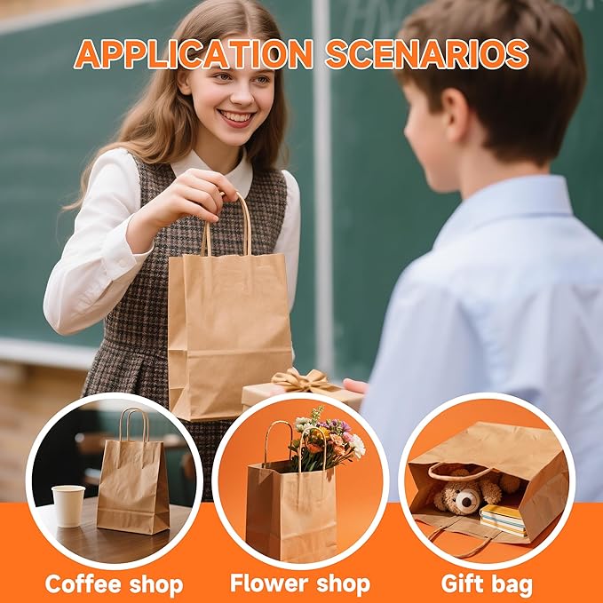 50 Pack Small Brown Paper Gift Bags with Handles, 5.8"x3.2"x8.25" Kraft Paper Gift Bags for Retail, Birthday Parties, Shopping, Versatile Craft Bags & Goodie Sacks