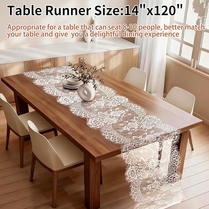 HAIBAS 12 Pcs White Lace Table Runners 14 x 120 Inch Boho Rose Embroidered Floral Vintage Rustic Table Decoration for Wedding Party Bridal Shower Decorations