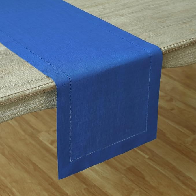 Solino Home Linen Royal Blue Table Runner 36 Inches - Classic Hemstitch, 100% Pure Linen Coffee Table Runner 14 x 36 Inch Ideal for Dresser Tables