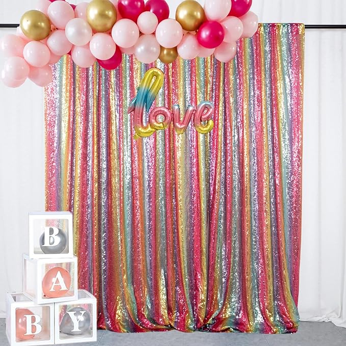 DUOBAO Sequin Backdrop Curtain 4FTx8FT Photography Background Glitter Rainbow Sequin-Backdrop Halloween Decor Wedding Photo Backdrops Glitter Curtains Home Decor (4FTx8FT, Rainbow)