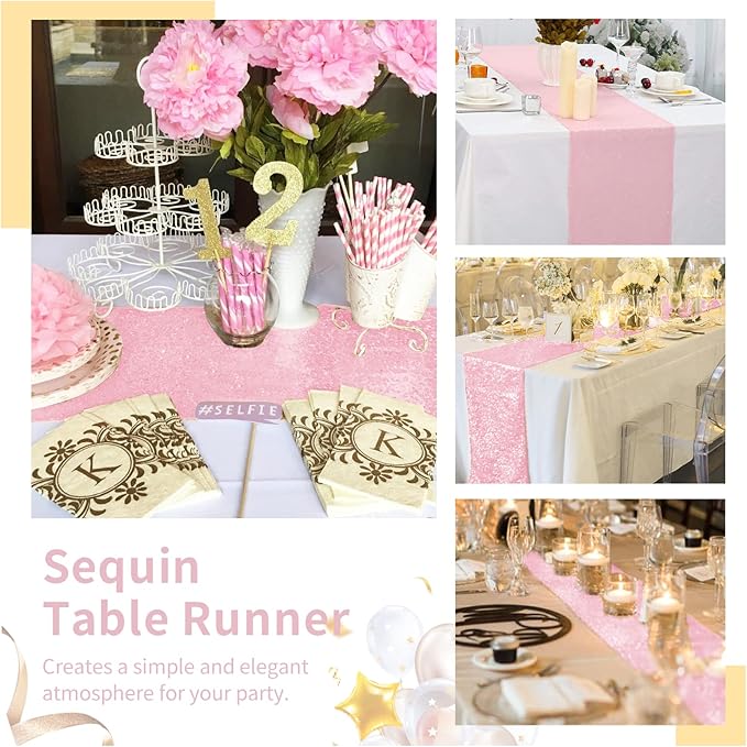 Pink Table Runners 10 Packs 12x108 Inches Glitter Table Runner Wedding Sequin Fabric for Birthday Bridal Baby Shower Engagement Party Decorations