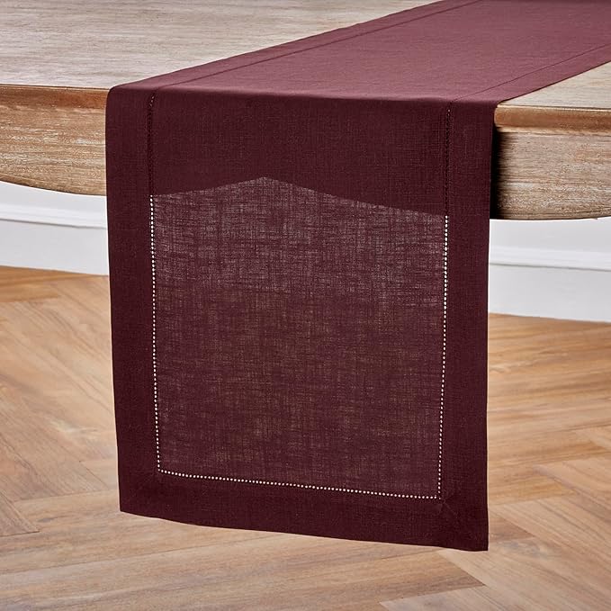 Solino Home Linen Burgundy Table Runner 156 Inches Long - 100% Pure Linen Extra Long Table Runner 14 x 156 Inch for Christmas, Fall, Autumn, Thanksgiving - Classic Hemstitch
