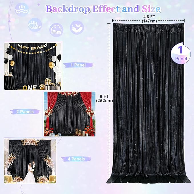 Black Backdrop Curtain 4.8x8FT Halloween Backdrop Sparkly Sequin Party Background Drapes for Birthday Wedding Stage Shimmer Wall Backdrop