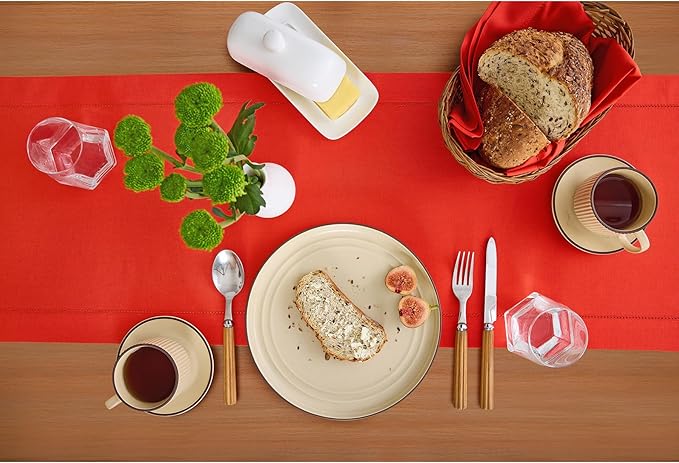 Solino Home Cotton Linen Table Runner 36 Inches - Poppy Red Hemstitch Table Runner 14 x 36 Inch Ideal for Dresser and Coffee Tables - Halloween