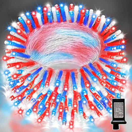 LAMPHOME 66ft Patriotic String Lights - Red White Blue Mini Lights, 200 LED Transparent Wire Fairy Starry String Lights Plug in, 11 Lighting Modes for Outdoor Tree Party Decoration (Red White Blue)