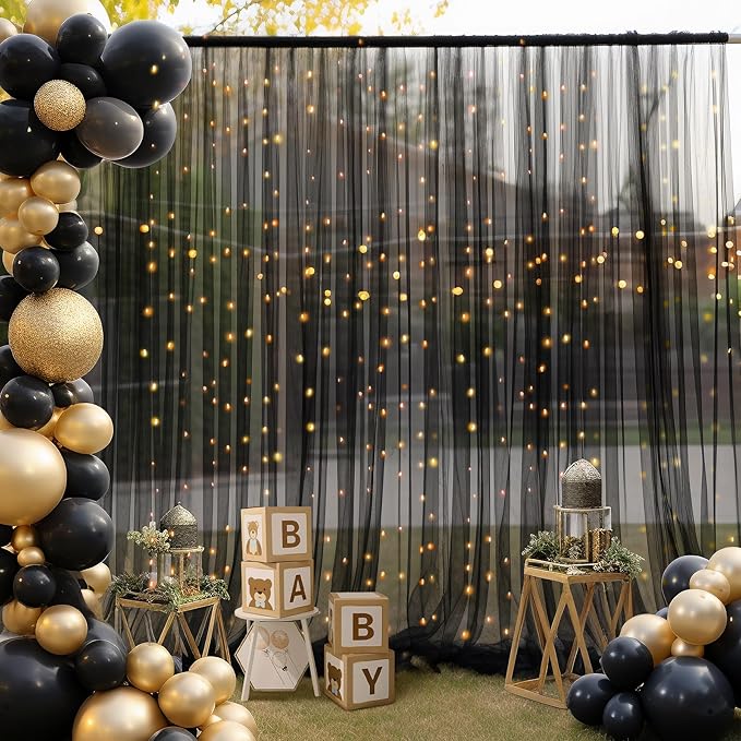 10×10ft Black Tulle Backdrop Curtain with Lights String for Parites, Sheer Photo Backdrop Curtains for Wedding Party Photography Background