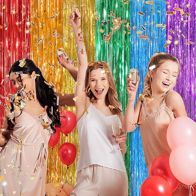 Rainbow Metallic Tinsel Foil Fringe Curtains, 2 Pack 3.3x8.3 Feet Party Streamer for Birthday Party Decorations, Halloween Decor, Foil Curtain for Bachelorette Party