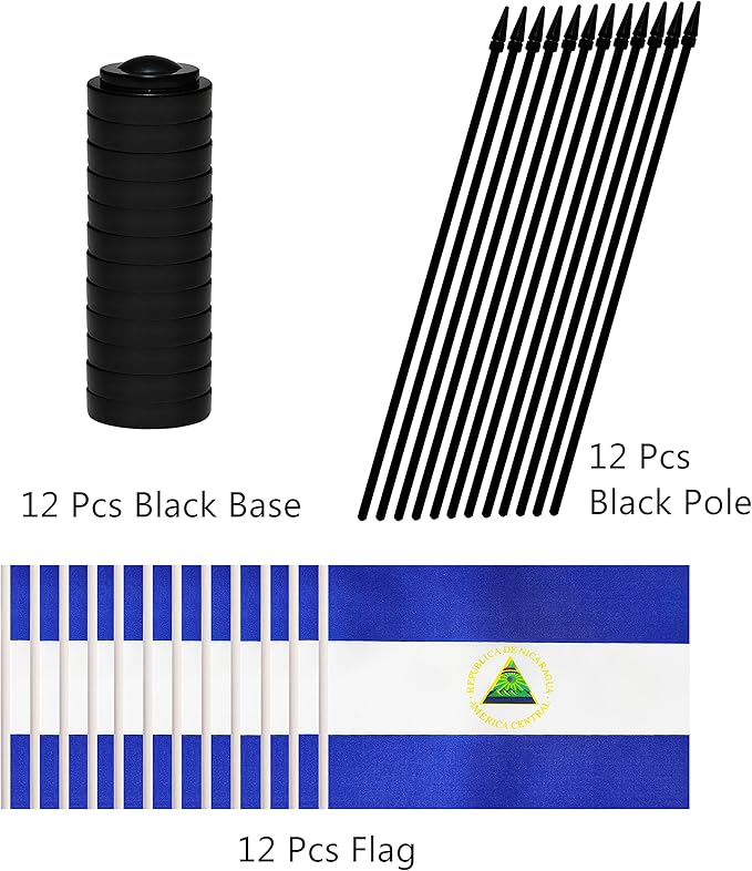 12 Pack Nicaragua Desk Flags Set, Nicaraguan Small Mini Table Office Flags with 12" Solid Black Pole, 8.2 x 5.5 Inches, Home and Office Decoration, Festival Celebrations