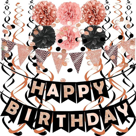 FECEDY Rose Gold Theme Happy Birthday Banner Flag Bunting Paper Circle Confetti Garland Swirl Streamers Honeycomb Ball for Birthday Party Decoration