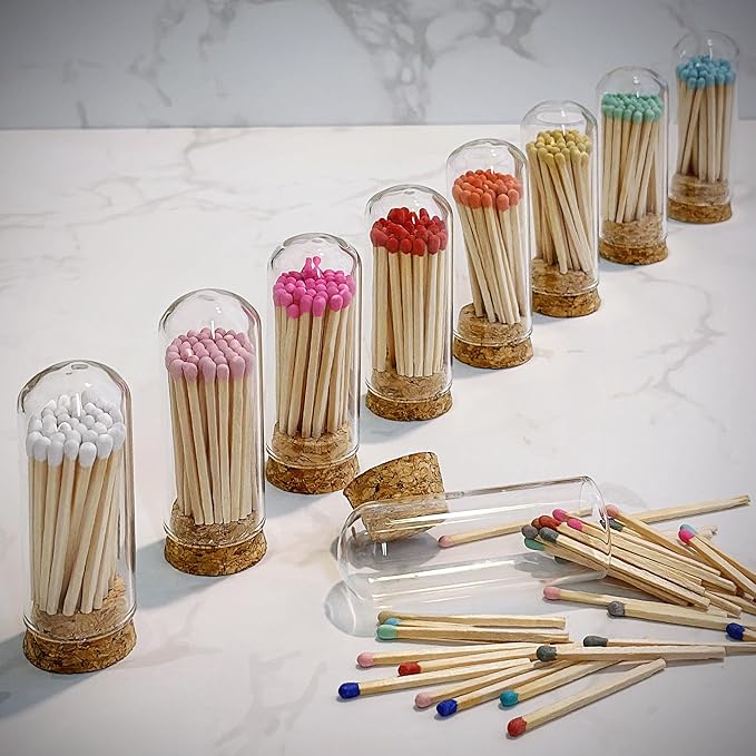 2" Matches in 3 Mini Glass Cloche Jars + Striker Stickers Included | 100 Matchsticks Color of Your Choice | Decorative Safety Matches w/a Dome Glass Holder | Gifts & Home Decor by Thankful Greetings