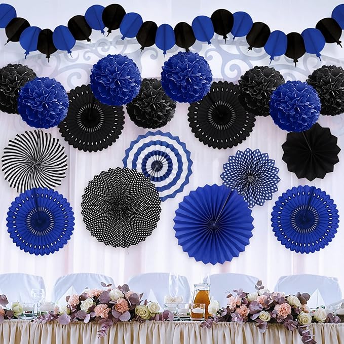 Party Decorations, Black Navy Blue Papar Fans Pompoms Garlands for Men Boy Fathers Day Graduation Wedding Birthday Party Decoration