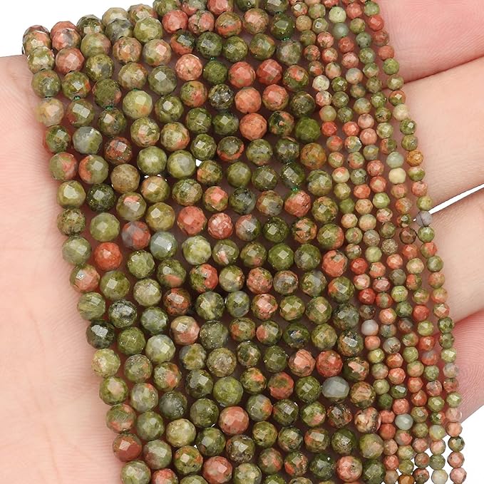 Song Xi 180pcs 2mm Natural Unakite Gemstone Beads Faceted Round Loose Stone Beads for Jewelry Making