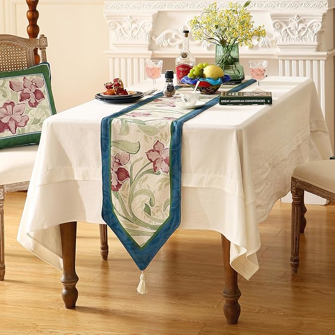 patdrea Designer Elegant Bright Linen Table Runner 87 Inch Long, Mauve Iris Floral Pattern Table Mat, Decoration for Kitchen Dining Table Coffee Table Shelf Cabinet Banquet Christmas ,12"*87"