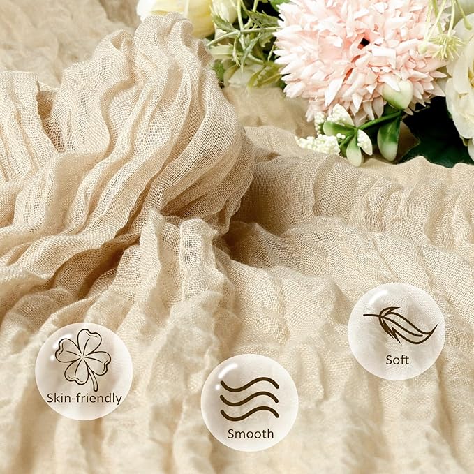 12 Pack Beige Cheesecloth Fall Table Runner 10ft Boho Gauze Fabric Cheese Cloth Table Runner 35 x 120 Inch Rustic Sheer Runner for Thanksgiving Wedding Decor Baby Shower Party Centerpiece Decoration