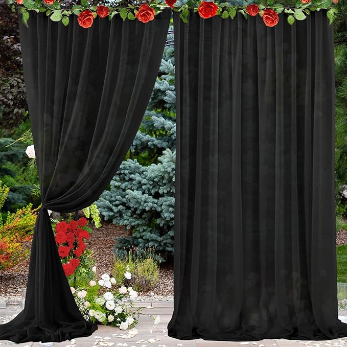 PARTISKY 10ftx10ft Black Chiffon Sheer Backdrop Curtains, Wrinkle-Free Wedding Backdrop Drapes for Birthday Party Ceremony Arch Stage Decor Background for Photography 5ft x 10ft,2 Panels