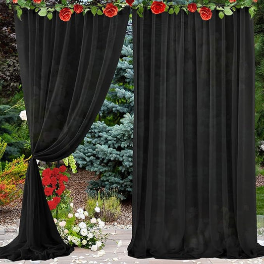 PARTISKY 10ftx10ft Black Chiffon Sheer Backdrop Curtains, Wrinkle-Free Wedding Backdrop Drapes for Birthday Party Ceremony Arch Stage Decor Background for Photography 5ft x 10ft,2 Panels