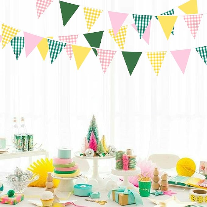 32Ft Camp Bride Party Decorations Pink Green Yellow Gingham Fabric Triangle Banner Flag Plaid Pennant Garland Streamers for Camping Bachelorette Glamping Baby Shower Picnic Birthday Decor Supplies