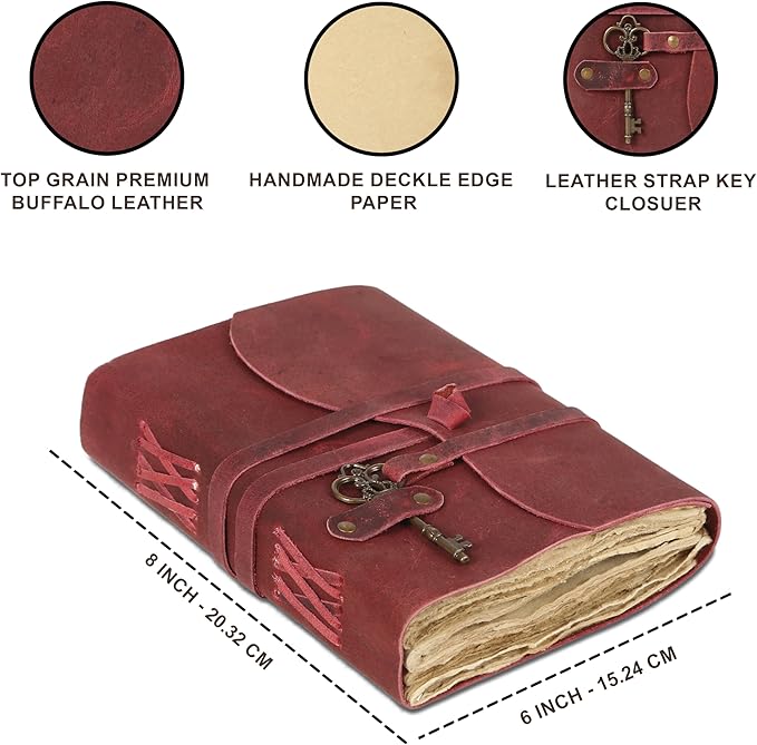 Leather Journal with Lined and Unlined Deckle Edge Paper 8x6 inch and Vintage Key | Handmade Writing Notebook Diary | Bound Daily Notepad for Men & Women Medium, Sketch/Writing pad for Artists