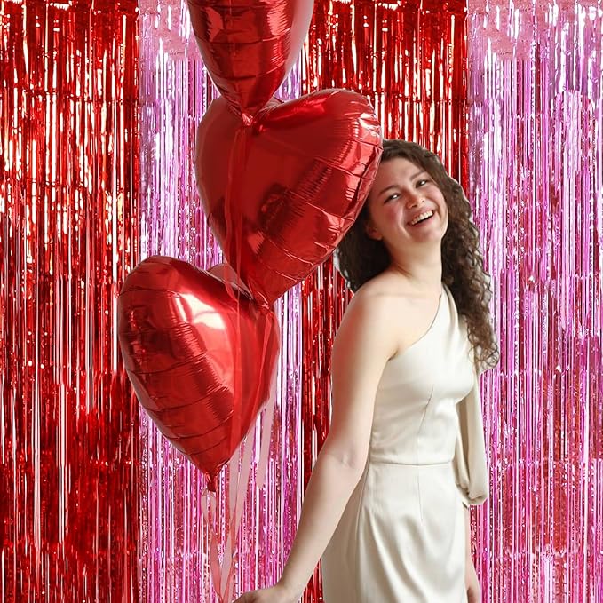 TONIFUL Valentine's Day Door Streamers,Red and Pink Photo Booth Backdrop Metallic Streamers Foil Fringe Curtain for Birthday Valentine's Day Bridal Shower Engagement Party Decoration