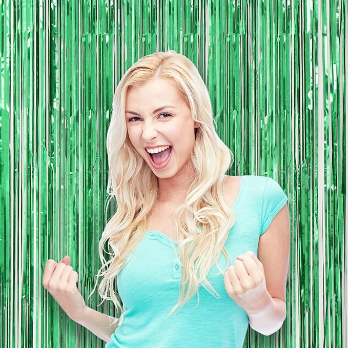 3 Pack 3.3 x 8.2 ft Laser Green Foil Fringe Backdrop Curtains, Tinsel Streamers Birthday Party Decorations, Fringe Backdrop for Graduation, Baby Shower, Gender Reveal, Disco Party