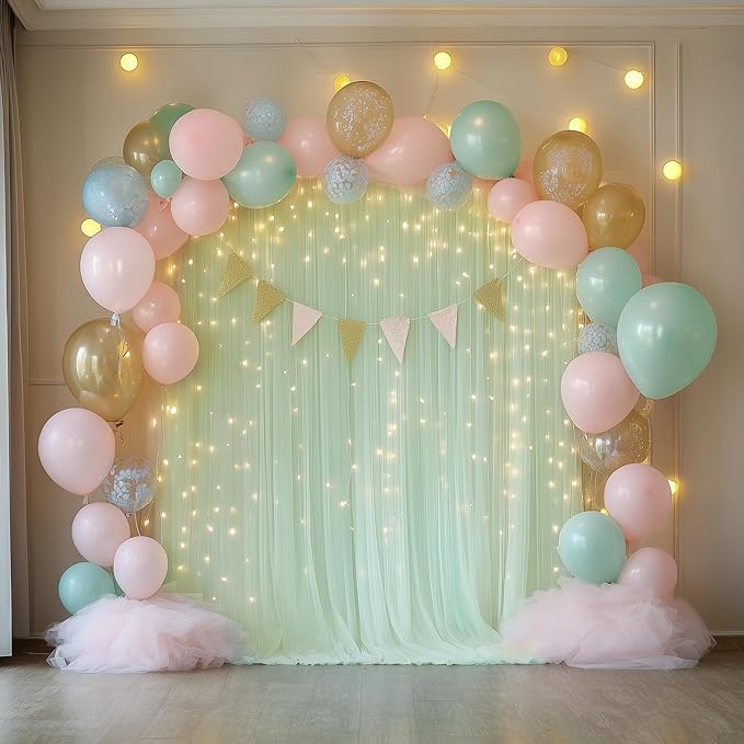 Fomcet Sage Green Tulle Backdrop Curtains with Lights String 10FT X 10FT Sheer Curtain with Lights Tulle Curtains Backdrop for Wedding Birthday Party Photo Shoot (2 Panels 5x10FT)
