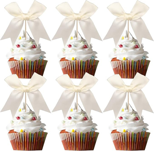 24 PCS Bow Cupcake Toppers Bowknot Coquette Bow Girls Birthday Cake Decorations Bow Cake Toppers Bowknot Cupcake Picks for Baby Shower Birthday Wedding Bridal Engagement Party Supplies Beige