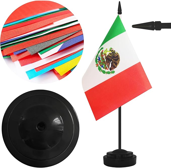 2 Pack Mexico Desk Flag Set, Mexican Desktop Small Miniature Table Office Flag with 12" Black Pole and Black Base, Offices, Classroom, Home, Festival Decoration (Mexico)