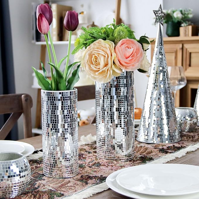 WDHODEC Disco Vase for Flowers 2 PCS Glass Mirror Vases for Living Room, Dining Room Centerpieces, Wedding Office Decorative Display Fresh Flowers, Candles, Or Seasonal Decorations
