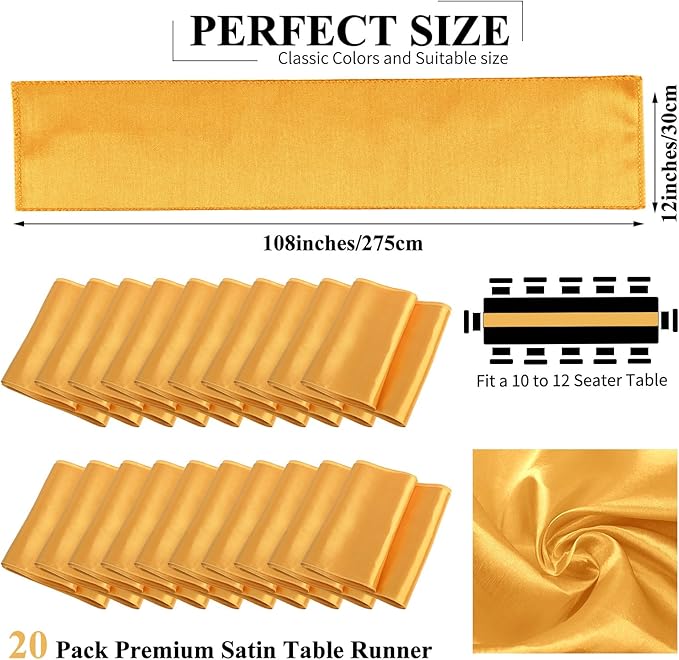 20 Pack Gold Satin Table Runner,12 x 108 inch Long Premium Smooth Gold Table Runners for Wedding, Banquets, Birthday, Party, Engagements,Table Runners fit Rectangle and Round Table