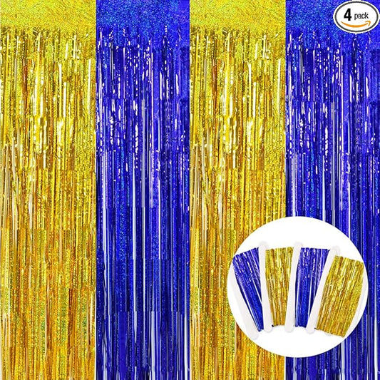 BEISHIDA 4 Pcs Blue and Gold Party Streamers Fringe Foil Curtain Backdrop Tinsel Background Party Decoration for Door Wall Graduation Birthday Wedding Anniversary Party Decoration(3.28 Ft x 8.2 Ft)