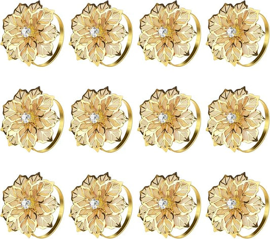 KPOSIYA Flower Napkin Rings Holder Metal Gold Napkin Rings Set of 6 for Wedding Party Holiday Banquet Christmas Dinner Delicate Serviette Buckles Decor Favor (6, Flower-Gold)