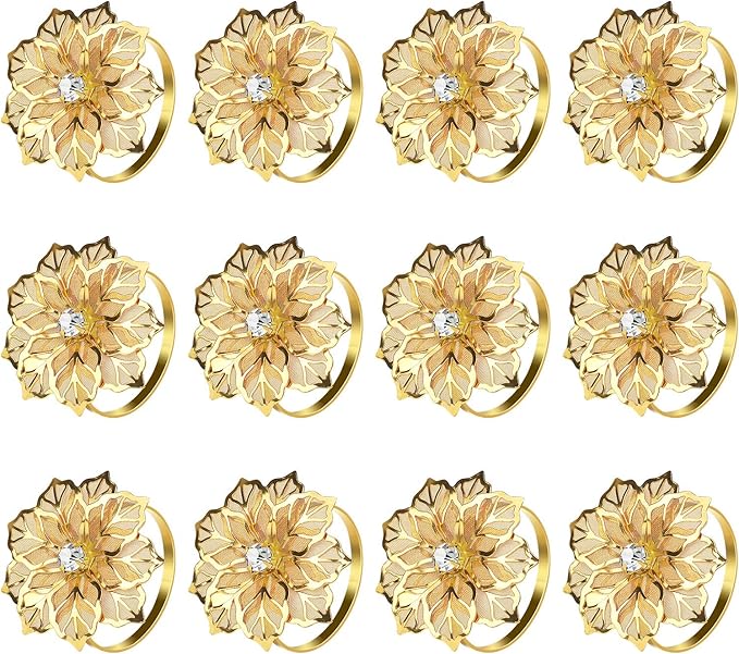 KPOSIYA Flower Napkin Rings Holder Metal Gold Napkin Rings Set of 12 for Wedding Party Holiday Banquet Christmas Dinner Delicate Serviette Buckles Decor Favor (12, Flower-Gold)