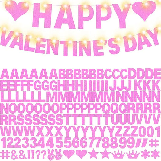 167Pcs DIY Glitter Customizable Banner Kit Happy Birthday Letter Banners Happy Valentine's Day Banners Love Heart Personalized Banner Decor Birthday Party Decorations Supplies(Glitter Light Pink)