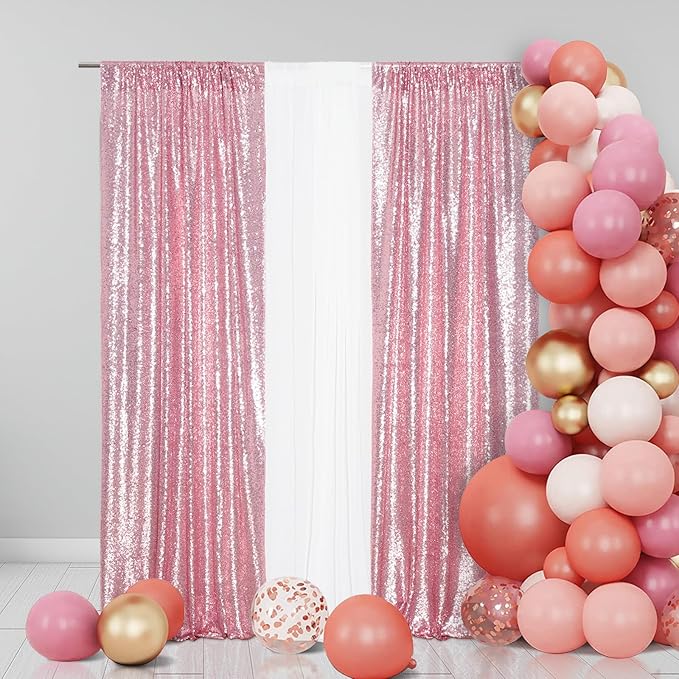 Eternal Beauty Fuchsia Pink Sequin Backdrop Curtains, Shimmer Back Drop 4Panels-2FTx8FT for Christmas, Party, Birthday, Photography, Wedding, Baby Shower Event Decoration