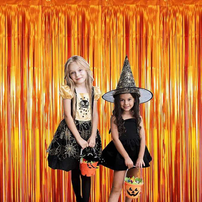GOER 6.4 ft x 8.2 ft Metallic Tinsel Foil Fringe Curtains,Pack of 2 Party Streamer Backdrop for Birthday,Graduation Decorations and New Year Eve (Orange)
