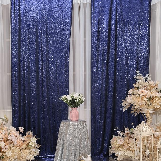 SquarePie Sequin Backdrop Curtain 2FT x 8FT Navy Blue 2pcs Curtain Background for Wedding Party