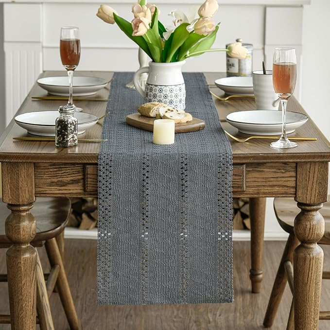 Artoid Mode Dark Grey Farmhouse Woven Rustic Hollow Table Runner, Seasonal Holiday Hollow Kitchen Dining Table Decoration for Home Party Decor 12x48 Inch